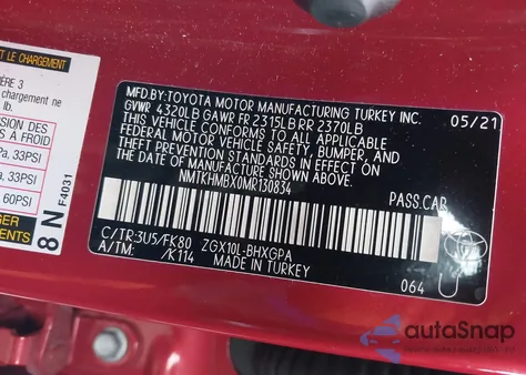 2021 Toyota C-Hr Xle из США, поврежденный, VIN NMTKHMBX0MR130834